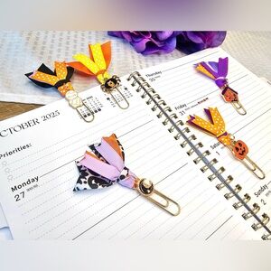 Set of 5 Halloween Ribbon Paperclip Bookmarks with Charms
